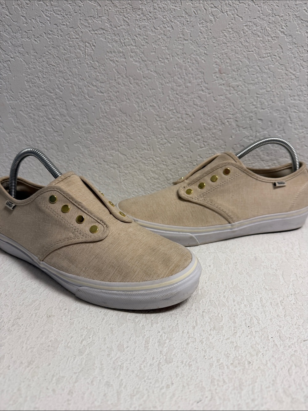Vans Laceless Tan Beige Casual Slip-On Canvas Sneakers W 9